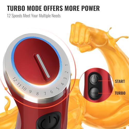 KOIOS 5-in-1 Hand Immersion Blender, 1000W 12 Speed Handheld Blender Stick with Copper Motor Stainless Steel Blade, 600ml Mixing Beaker,500ml Food Processor, Whisk, Milk Frother, Non-BPA, Red