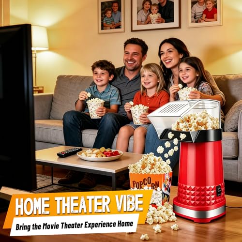 Hot Air Popcorn Popper, 1200W ETL Certified Oil-Free Popcorn Maker, 4.5 Quart Large Capacity Electric Popcorn Machine, 2-Minute Fast Snack Maker for Movie Night Party (Red)