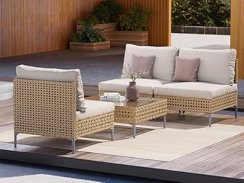 Grand patio 4-Piece Wicker Patio Furniture Set, Boho Outdoor Conversation Set Sectional Sofa with Water Resistant Thick Cushions and Coffee Table, Cream