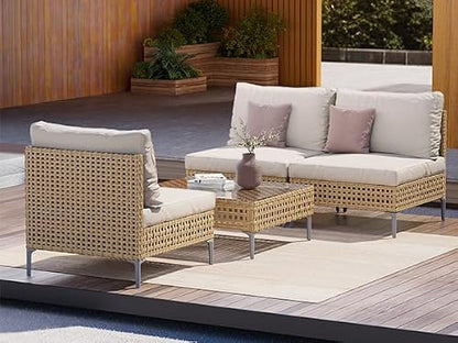 Grand patio 4-Piece Wicker Patio Furniture Set, Boho Outdoor Conversation Set Sectional Sofa with Water Resistant Thick Cushions and Coffee Table, Cream