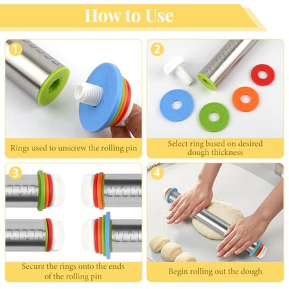 Adjustable Rolling Pin with 4 Thickness Rings for Baking, 17” Stainless Steel Dough Roller with Clear Measurement Markings for Pizza, Fondant, Pie, Cookies, Baking Supplies, Pastry, Pasta