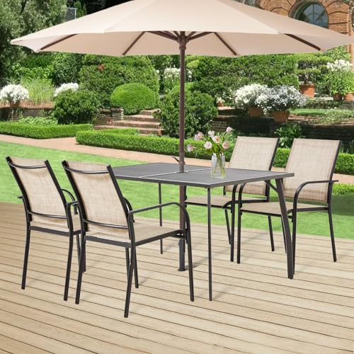 AECOJOY 5 Piece Patio Table and Chair Set for 4, Outdoor Dining Set Includes 51.2" Rectangle Table with 1.73" Umbrella Hole, 4 Stackable Textilene Chairs, for Garden, Backyard and Poolside, Dark Gray