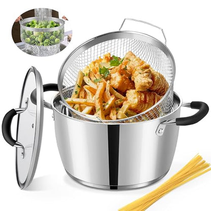 6 Quart Deep Fryer Pot with Basket, Stainless Steel Frying Pot