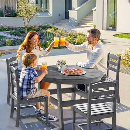 PamapicLife 5 Piece Round Outdoor Dining Set, Relaxing HDPE Outdoor Table and Chairs with 105° Ergonomic Backrest, All-Weather Patio Table and Chairs Set with Umbrella Hole for Porch, Poolside, Gray