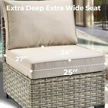 HOOOWOOO Outdoor Sectional Patio Furniture Set with Fire Pit Table,15 Pieces Wicker Conversation Sets L Shaped Couch,Extra Deep Out Door Sofa Outside Furniture with Swivel Chair Ottoman,Beige