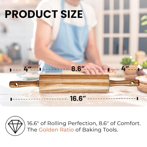 KARRYOUNG Acacia Wood Rolling Pin for Baking, Kitchen Dough Roller With Handles, Rodillo Para Masa, Rolling Pin for Dough, Pizza,Bread, Fondant & Tortilla