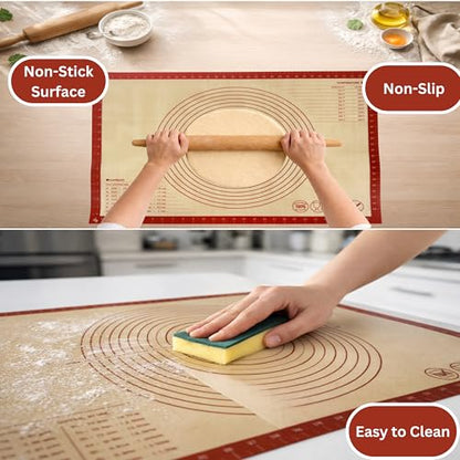 LYCIAN WAY Silicone Pastry Mat with Measurements, 26 x 16 Inch Extra Thick Non-Slip Nonstick Large Baking Mat for Dough Rolling, Kneading, Fondant and Pie, Red