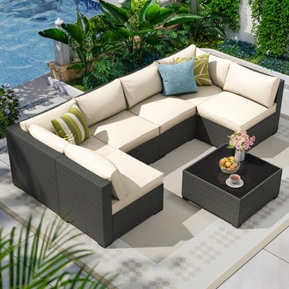 7 Piece Outdoor Patio Sectional Furniture Set, Modular Wicker Outdoor Couch