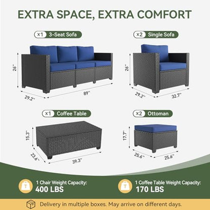 Aoxun 8 Piece Outdoor Patio Furniture Set 7 Seats, Outdoor Sectional with Thick Waterproof Cushions, Patio Conversation Sets for Garden,Backyard, Porch, Balcony, Deck, Black & Blue