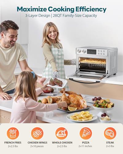28QT Air Fryer Toaster Oven Combo, Large 12-in-1 Convection Countertop Oven with Next-Gen HeatWave Convection, 3-Layer Cooking, Rotisserie for Chicken, Fits 11" Pizza, All Accessories, Silver-tone