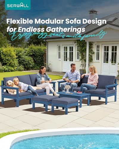 SERWALL 9 Pieces Patio Conversation Set, Outdoor Sectional Sofas, Blue