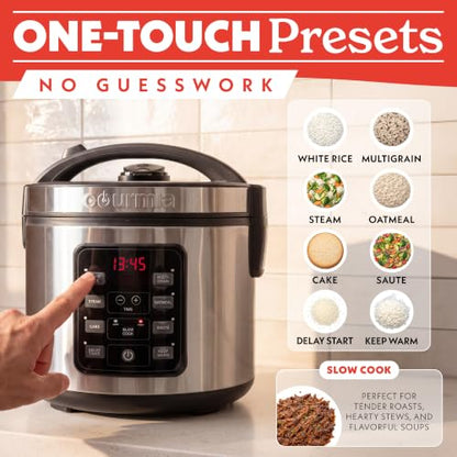 Gourmia Rice Cooker – 5 Qt Capacity, 20 Cup Cooked, 10 Cup Uncooked, Digital Controls, 6 Cooking Presets, Grain Cooker & Steamer, Nonstick Pot, Steam Tray, Delay Timer, Keep Warm, Stainless Steel