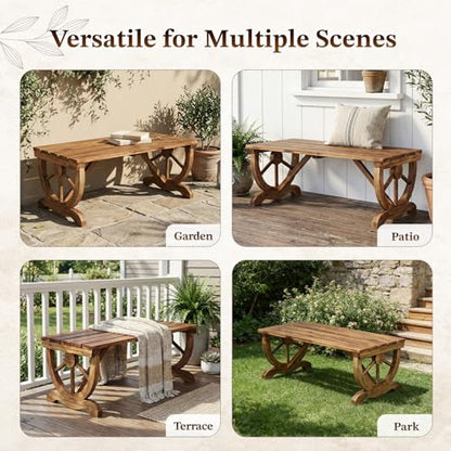 Outvita 39'' Outdoor Wooden Bench, 2-Person Rustic Wagon Wheel Bench with Slatted Seat and Carbonized Fir Wood Construction, Weather-Resistant Garden Bench for Patio, Porch and Backyard(Light Brown)