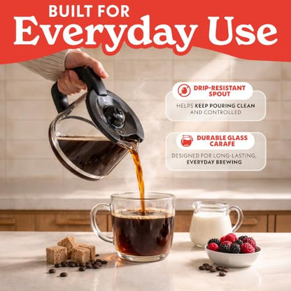 Gourmia 12 Cup One-Touch Coffee Maker – Pause and Serve with Automatic Keep Warm, Easy View Water Window, Compact Design, Stainless Steel Accents, Black