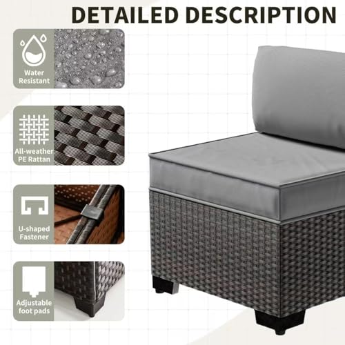 Gotland 6 Pieces Patio Furniture Set with 1 Coffee Table, 5 Seater Rattan Outdoor Sectional with Wide Armrests 29.5'' High Backrest Thick Waterproof Cushions, Conversation Sets for Deck Garden Gray