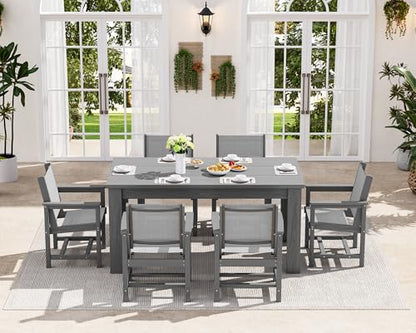 SERWALL 7 Piece Outdoor Dining Table Sets for 6 with 1 Umbrella Hole Cut-Out Rectangular Table and 6 Textilene Chairs, HDPE Dining Table Sets for Garden, Backyard, Poolside, Gray