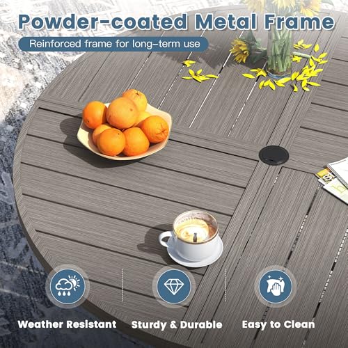 DIFY 11 Pieces Outdoor Dining Set, Metal Patio Table and Chairs Set for 10 with Umbrella Hole, 59.8" Round Dining Table and Textilene Stackable Patio Chairs for Garden Backyard Deck, Grey Wood-Like