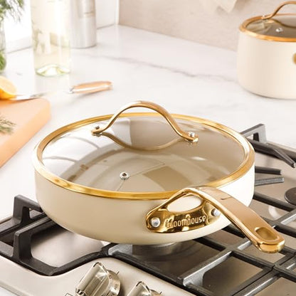 Bloomhouse - Two Time Oprah's Favorite Things Winner - 10 Inch Heavy Duty Aluminum Premium PFA Free Ceramic Nonstick Saute/Deep Frying Pan Skillet with Lid - Almond Cream w/Gold Handle