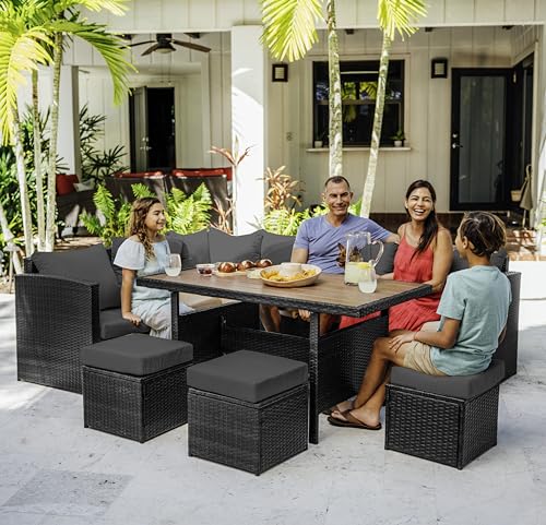 Nestl Outdoor Dining Set - 7 Piece Wicker Patio Set with Outdoor Dining Table, Outdoor Sectional Sofa and 3 Ottomans, Outdoor Patio Furniture Table and Chairs Set (Grey/Grey)