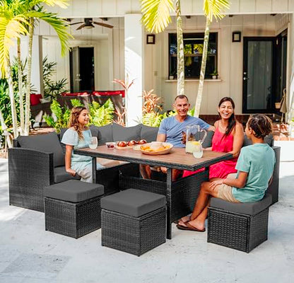 Nestl Outdoor Dining Set - 7 Piece Wicker Patio Set with Outdoor Dining Table, Outdoor Sectional Sofa and 3 Ottomans, Outdoor Patio Furniture Table and Chairs Set (Grey/Grey)
