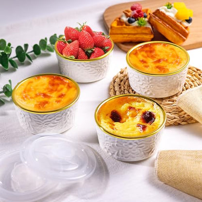 6 Sets Ramekins Oven Safe with Lids, 8 OZ Creme Brulee Ramekins Embossed Flora White Ceramic Ramekin Baking Dish for Souffle Custard Dips Soup Small Bowls for Dessert Appetizers Meal Prep Thanksgiving Christmas Gift