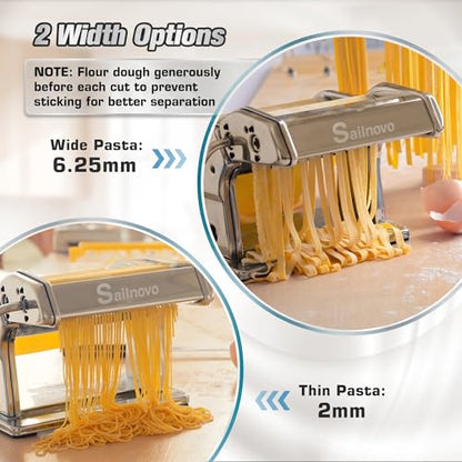 Sailnovo 3 in 1 Pasta Maker Machine - 9 Adjustable Thickness Settings Aluminum Alloy Pasta Roller & 2 Width Cutters for Fresh Spaghetti, Fettuccini, Lasagna, Dumplings - Stainless Steel, Silver