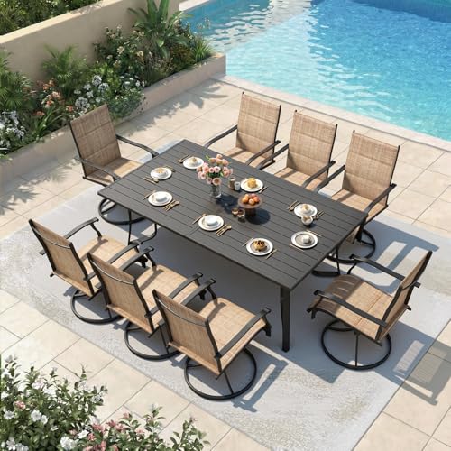 DSNAPE 9 Pieces Patio Table and Chairs Set, 75.6" Metal Dining Table with Umbrella Hole, 8 High Back Textilene Swivel Chairs, Dining Table Set for 8,Outdoor Furniture for Porch Deck Yard Balcony,Brown
