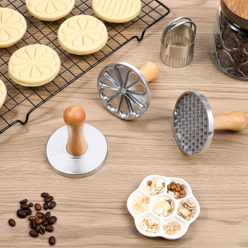 Cookie Stamps Set of 8, 3 Pcs Metal Cookie Press Mold with Wooden Handle, 5 Size Cookies Cutter Tool, Cookies Embossing Stamp Mold for DIY Baking, Cake, Christmas, Pastry, Easy to Use, Gift Package