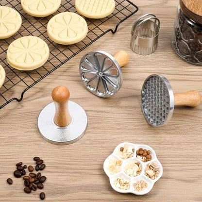 Cookie Stamps Set of 8, 3 Pcs Metal Cookie Press Mold with Wooden Handle, 5 Size Cookies Cutter Tool, Cookies Embossing Stamp Mold for DIY Baking, Cake, Christmas, Pastry, Easy to Use, Gift Package