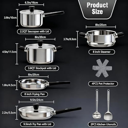 ASKSCICI Stainless Steel Cookware Set, 14-Piece Pots and Pans Set, Kitchen Cookware Set with Stay-Cool Handle, Non-Toxic, Dishwasher Safe & Compatible with All Stovetops (Gas, Electric & Induction)