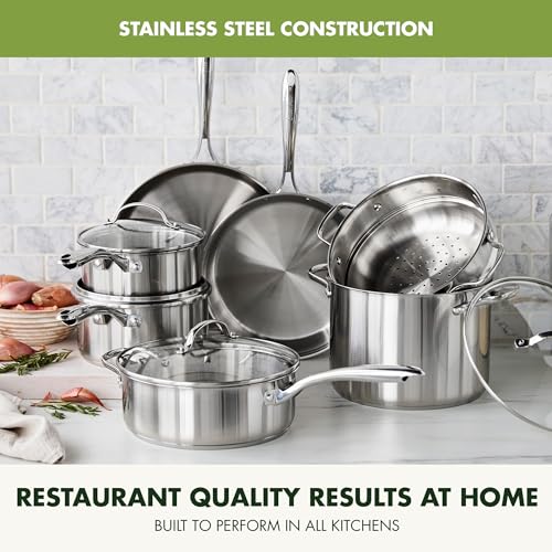 GreenPan Stainless Steel Cookware Set, 11 Piece, Induction Cookware, Dishwasher Safe, Oven Safe to 600F, Large 8QT Stock Pot, Sauce, Saute, Frying Pans, Pots & Pans Kitchen Essentials, Silver