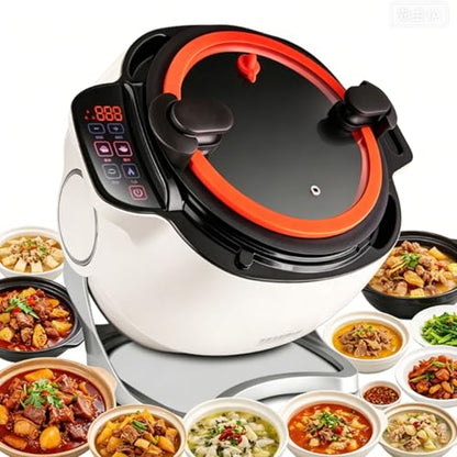 2000w Commercial Food Processor,Automatic Cooking Machine,360° Automatic Stir Fry Pot,6l Non-Stick Drum Wok,Glass Lid,Dual Handles,Auto-Stirring,For Fried Rice,Soup,Home Kitchen