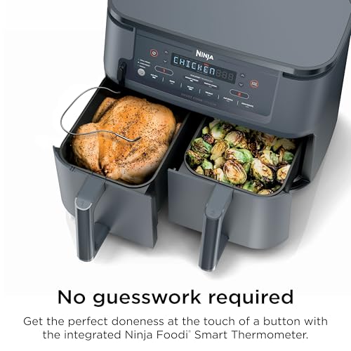 Ninja Foodi Air Fryer w/Smart Cook Thermometer | 6-in-1 Air Fry, Roast, Bake, Dehydrate & More | DualZone™ Match Cook & Smart Finish, 2 Independent Baskets | XL 10 Qt, Stainless Steel | Grey,DZ550GY
