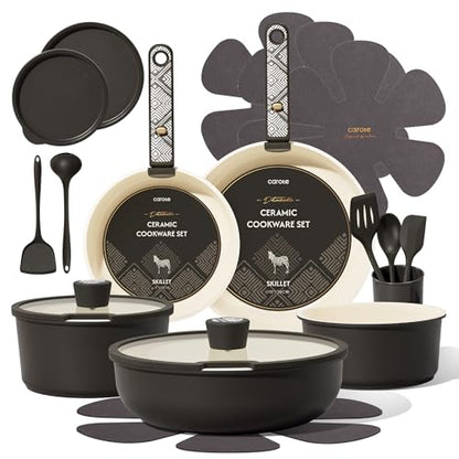 CAROTE 21-Piece Ceramic Cookware Set, Nonstick Pots and Pans Set with Detachable Handle, Non-Toxic Kitchen Cooking Set, Induction Compatible, Dishwasher & Oven Safe, Charcoal