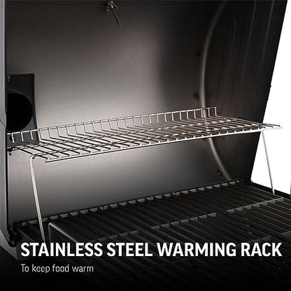 Char-Griller® Wrangler® Charcoal Grill in Black with Metal Shelves, EasyDump™ Ash Pan, Premium Wood Front and Side Shelves with Utensil Hooks, 640 Cooking Square Inches in Black, Model 2823