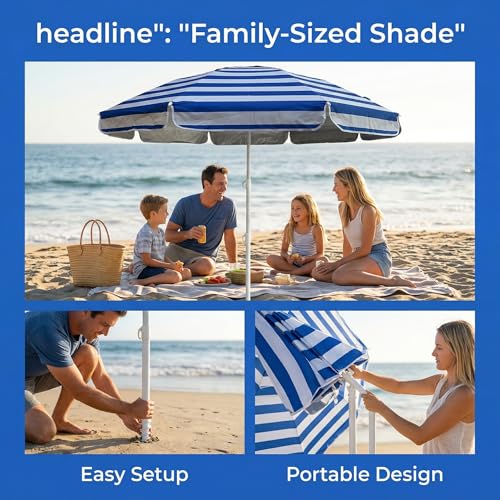 LOTTAFUN 6ft Beach Umbrella - Heavy Duty Wind Resistant UV 50+ Portable Sun Shade with Sand Anchor & Carry Bag, Outdoor Folding Umbrella for Beach, Pool, Patio, Garden (Blue strip) No Tilt