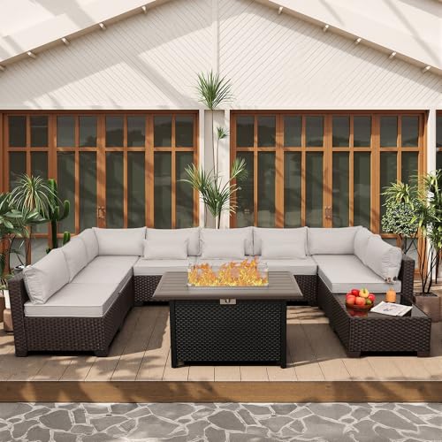 Lviden 10 Pieces Wicker Patio Furniture Set Outdoor PE Rattan Sectional Conversation Sofa Set with Non-Slip Cushions and 45" Fire Pit Table, Beige