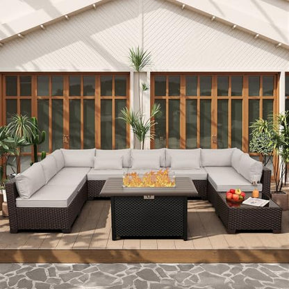 Lviden 10 Pieces Wicker Patio Furniture Set Outdoor PE Rattan Sectional Conversation Sofa Set with Non-Slip Cushions and 45" Fire Pit Table, Beige