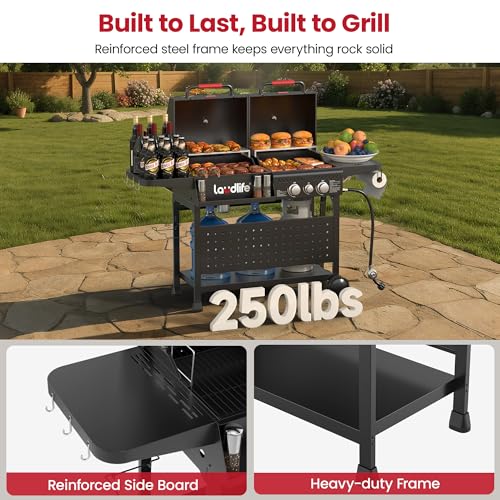 LAUDLIFE Gas and Charcoal Grill Combo with Side Burner, 3 Burners Propane BBQ Grill, 748 SQ.IN Cooking Space, Non-Stick Enamel Coating Grates, Heavy-Duty Stand for Backyard & Outdoor Barbecue