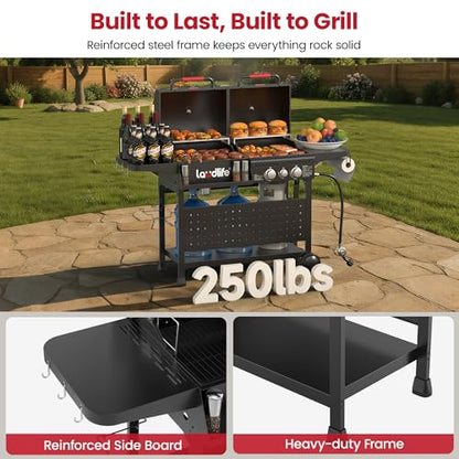 LAUDLIFE Gas and Charcoal Grill Combo with Side Burner, 3 Burners Propane BBQ Grill, 748 SQ.IN Cooking Space, Non-Stick Enamel Coating Grates, Heavy-Duty Stand for Backyard & Outdoor Barbecue