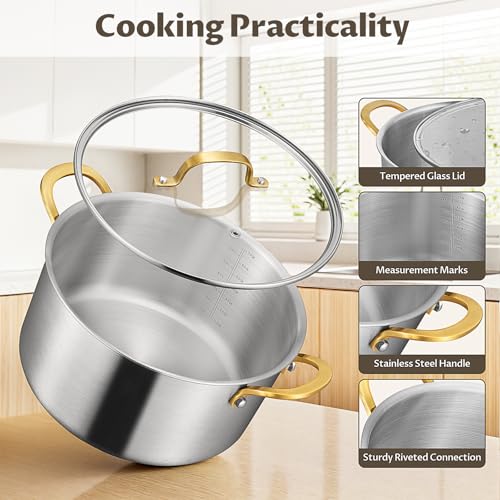 BEZIA 8 Quart 3-Ply Stainless Steel Stockpot, Soup Pot with Lid in Fully Clad Tri-Ply Stainless Steel, Even Heat Distribution, Cooking Pot with Handles, All Cooktops Compatible, Perfect for Stew