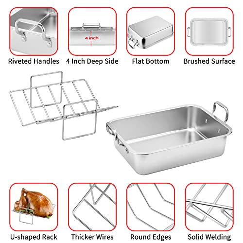 15 Inch Stainless Steel Roasting Pan with V-Shaped Rack and Turkey Baster - Rectangular Roaster for Turkey, Chicken, Vegetables - Fits 20lb Turkey