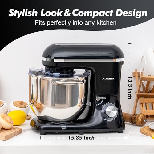 Aucma Stand Mixer,8QT 900W 6-Speed Tilt-Head Food Mixer, Kitchen Electric Mixer with Dough Hook, Wire Whip & Beater (Black, 8QT)