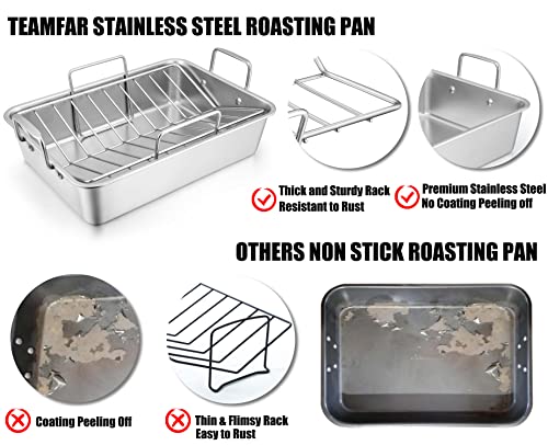 TeamFar Roasting Pan, Large Turkey Roaster Pan Stainless Steel with V Rack & Cooling Rack, Beer Can Chicken Holder & Meat Claws for Shredding & Silicone Brush, Healthy & Dishwasher Safe - 7 Pcs