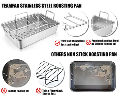 TeamFar Roasting Pan, Large Turkey Roaster Pan Stainless Steel with V Rack & Cooling Rack, Beer Can Chicken Holder & Meat Claws for Shredding & Silicone Brush, Healthy & Dishwasher Safe - 7 Pcs