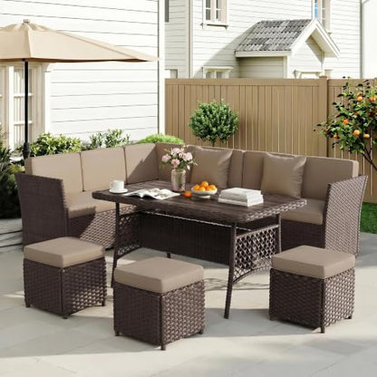 7 Pieces Patio Furniture Set, Patio Sectional with Dining Table & Ottoman