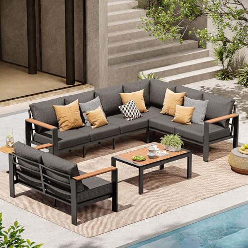 ComfCove Aluminum Outdoor Patio Furniture Set 8 Seats, Outdoor Sectional Corner Sofa, Patio Conversation Set with Coffee Table & Washable Cushions, Furniture Set for Porch, Balcony, Deck, Graphite