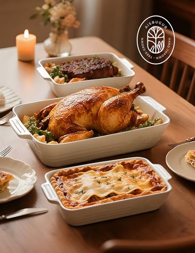 Ceramic Baking Dish Set, 3-Piece Casserole Dishes for Oven, Rectangular Baking Pans, Deep Lasagna Pans with Handles, Multi-Size Set for Cooking, Baking, Serving, and Gifting, White (16.1''/12.2''/9'')
