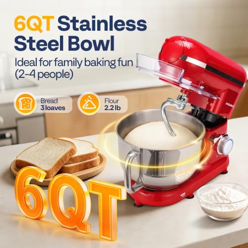 VIVOHOME 3-in-1 Stand Mixer, 6-Quart Tilt-Head Mixer, 10 Speeds, Red