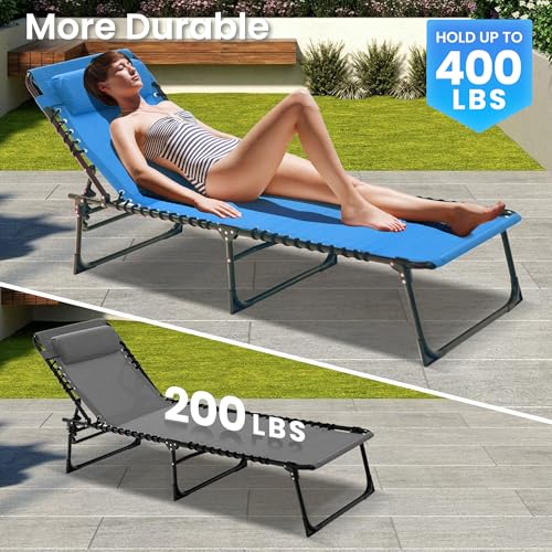 SUNW 2 Pack 400lbs Adjustable Folding Chaise Lounge, Lay Flat Recliner with Pillow & Side Pocket for Patio Pool Camping (Blue)